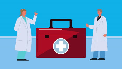 doctors couple and kit pharmacy drugs animation