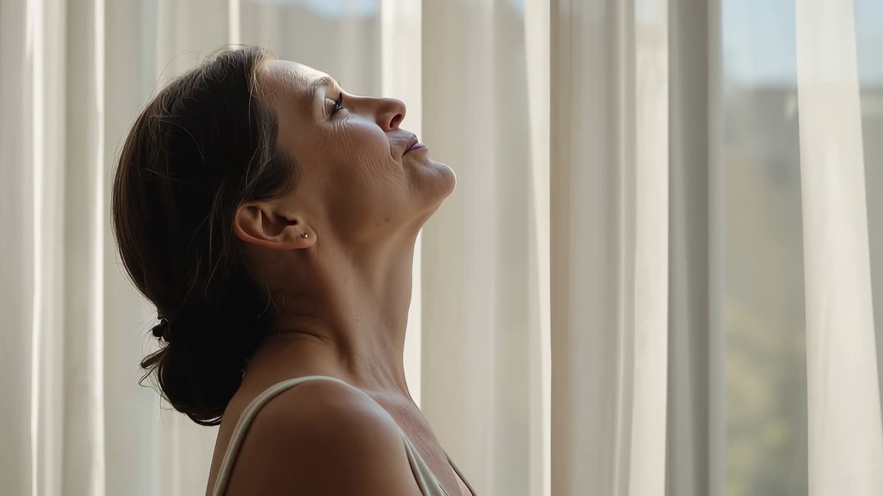 Donna rivolta verso la luce del giorno, che chiude gli occhi e alza il mento, in cerca di calma, in canottiera accanto a una finestra con tende, con spazio per il testo.