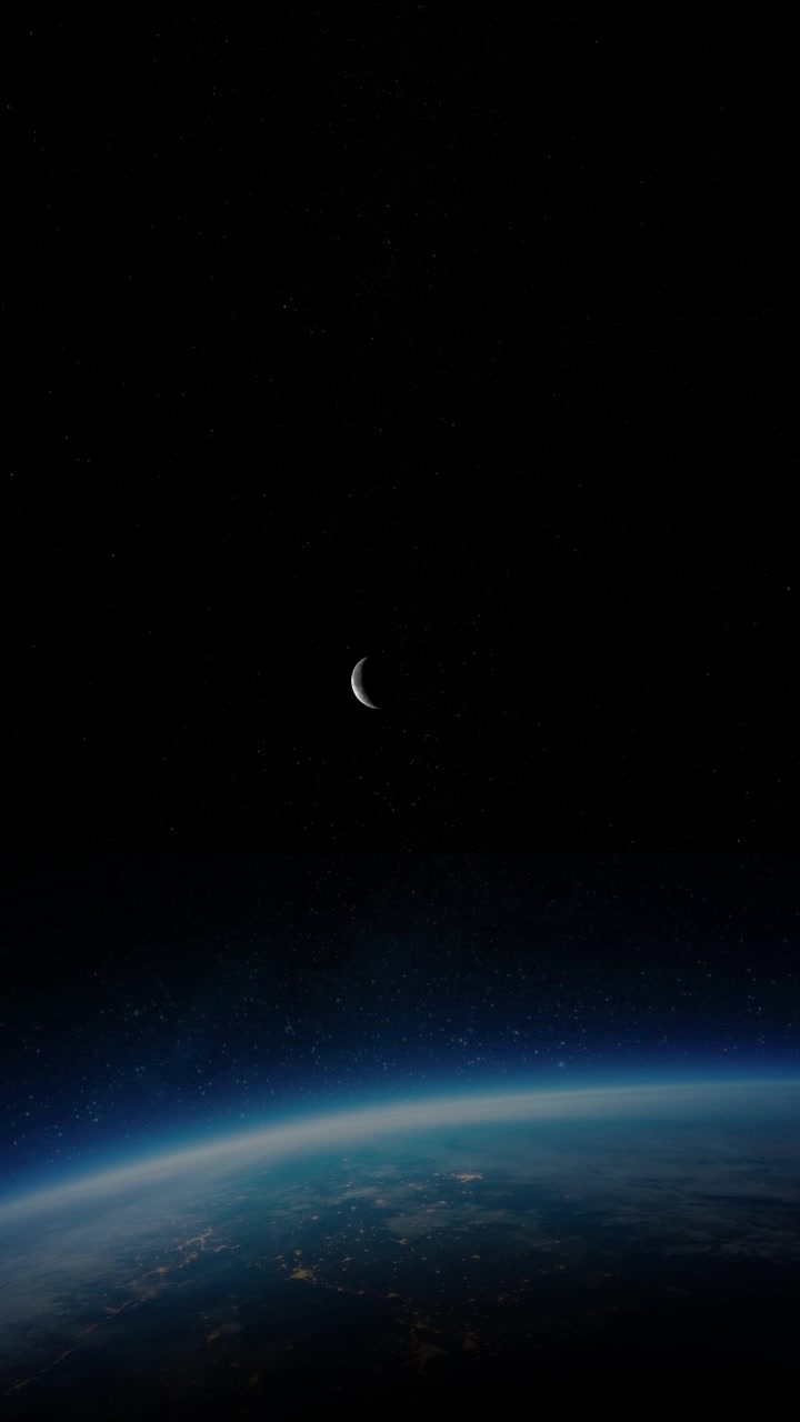 Crescent Moon Above Earth Glowing Horizon with City Lights in Deep Space