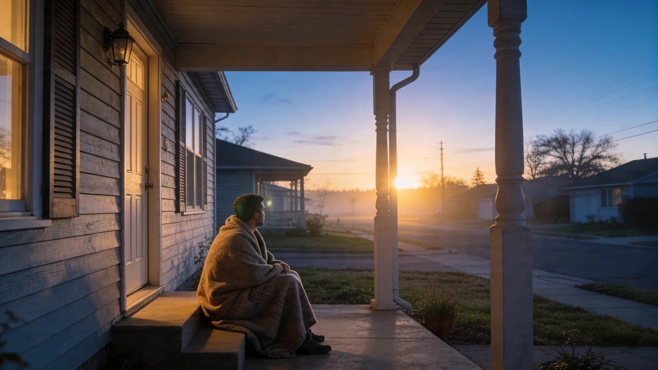 Watching man wrapped in blanket on steps by lit lantern watching sunrise, checking green device