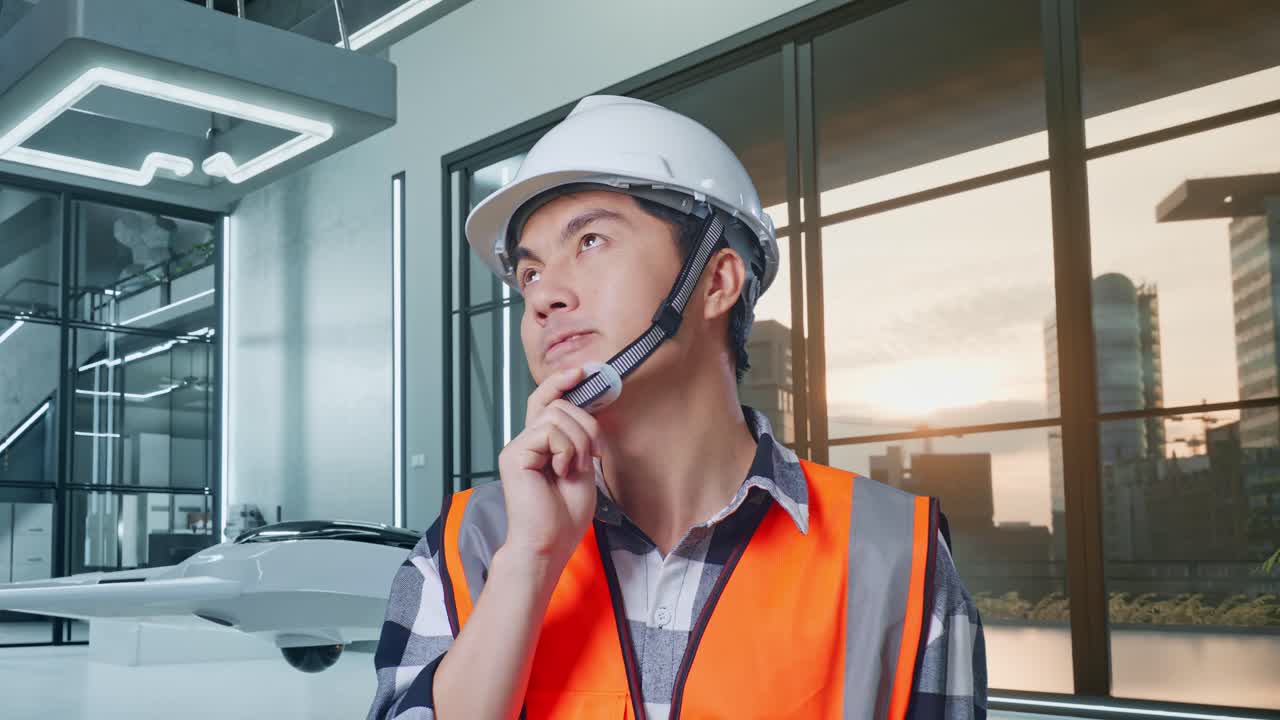 안전 헬을 입은 아시아 남성 엔지니어가 무인기 프로젝트에 서 있는 동안 무언가에 대해 생각하고 주변을 둘러보고 있습니다.