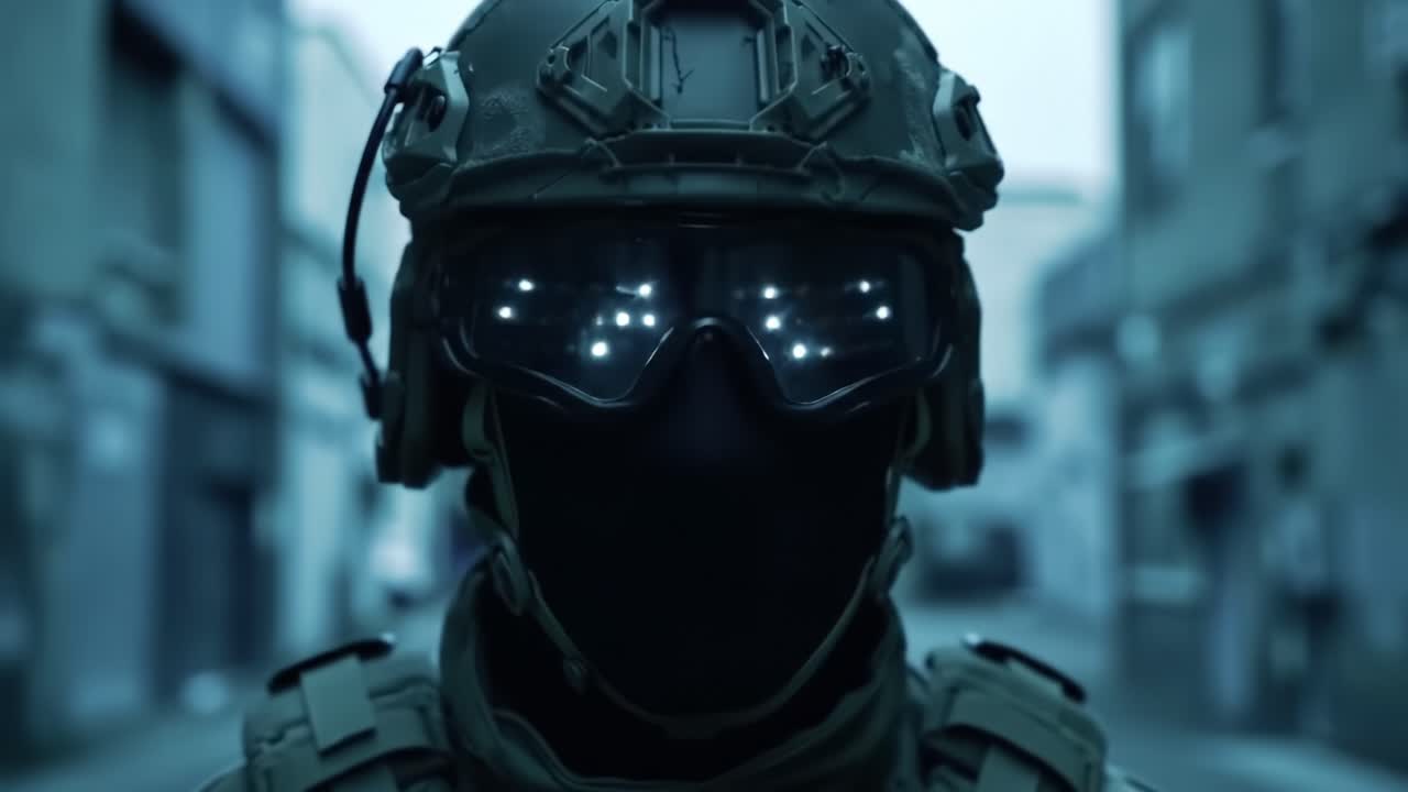 A futuristic soldier stands confidently in a dimly lit urban environment, equipped with advanced technology and tactical gear, showcasing resilience in modern warfare