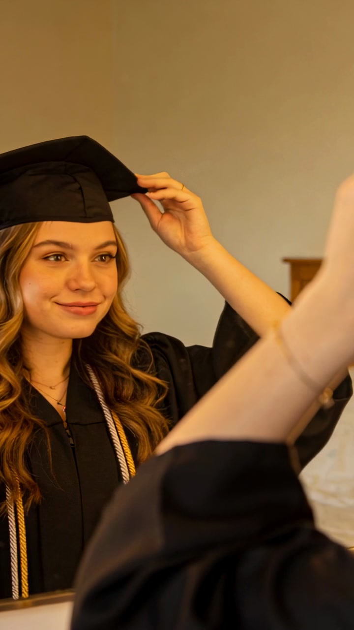 Vertical video: Fixing cap while checking mirror, grad in black gown and cords, friend filming