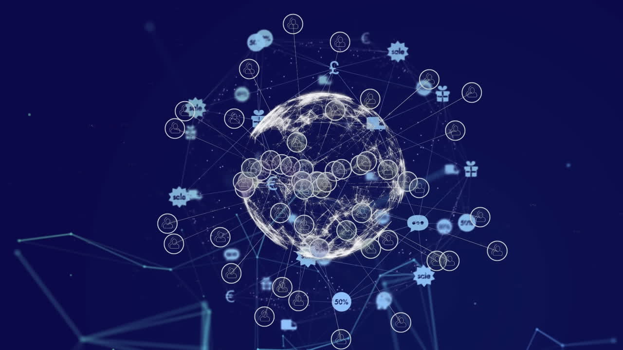 Digital composite video of web of connections with icons forming a globe against blue background