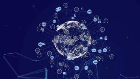 digital composite video of web of connections with icons forming a globe against blue background