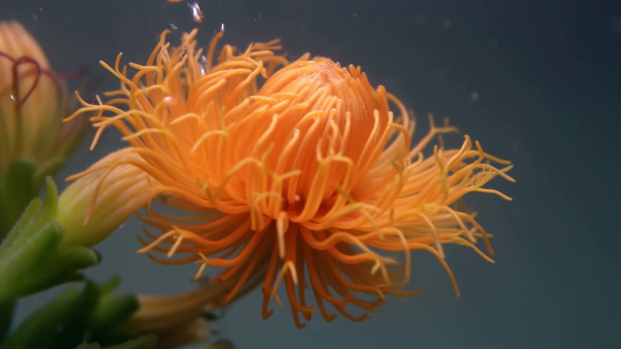 Un primo piano mostra una fioritura arancione a forma di spazzola che si muove delicatamente nell'acqua mentre piccole bolle salgono verso l'alto, rivelando sottili filamenti arricciati, stelo verde, boccioli e uno sfondo blu tenue