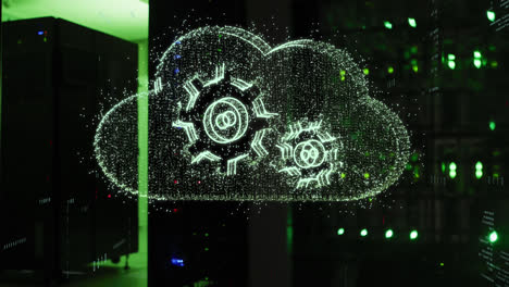 animación de la nube con iconos de engranajes sobre la sala del servidor