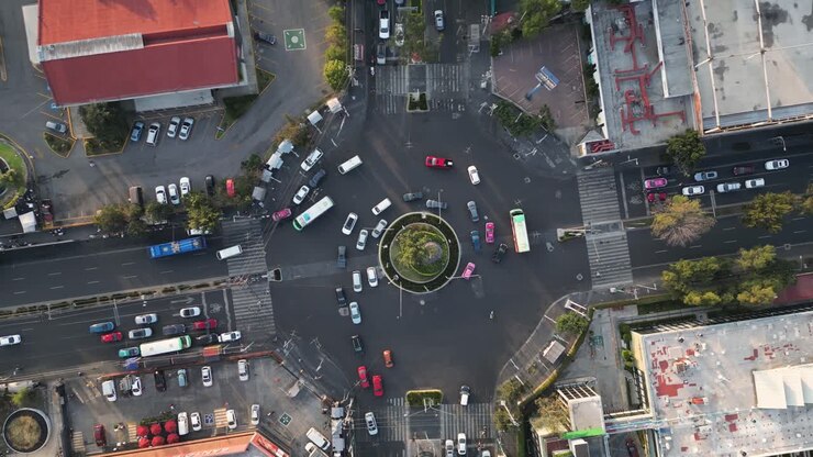 Aerial view of the Glorieta de los Coyotes, located at the intersection of Avenida Universidad and Miguel Ángel de Quevedo, Coyoacan, Mexico City