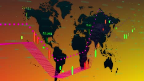Animation-of-financial-data-processing-over-world-map-and-orange-background