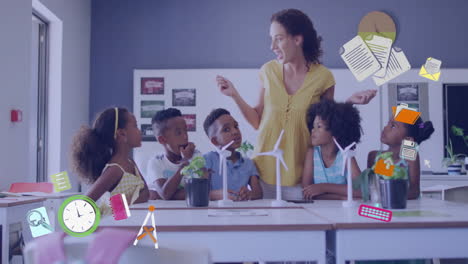 animación de iconos escolares sobre diversas maestras con escolares en el aula