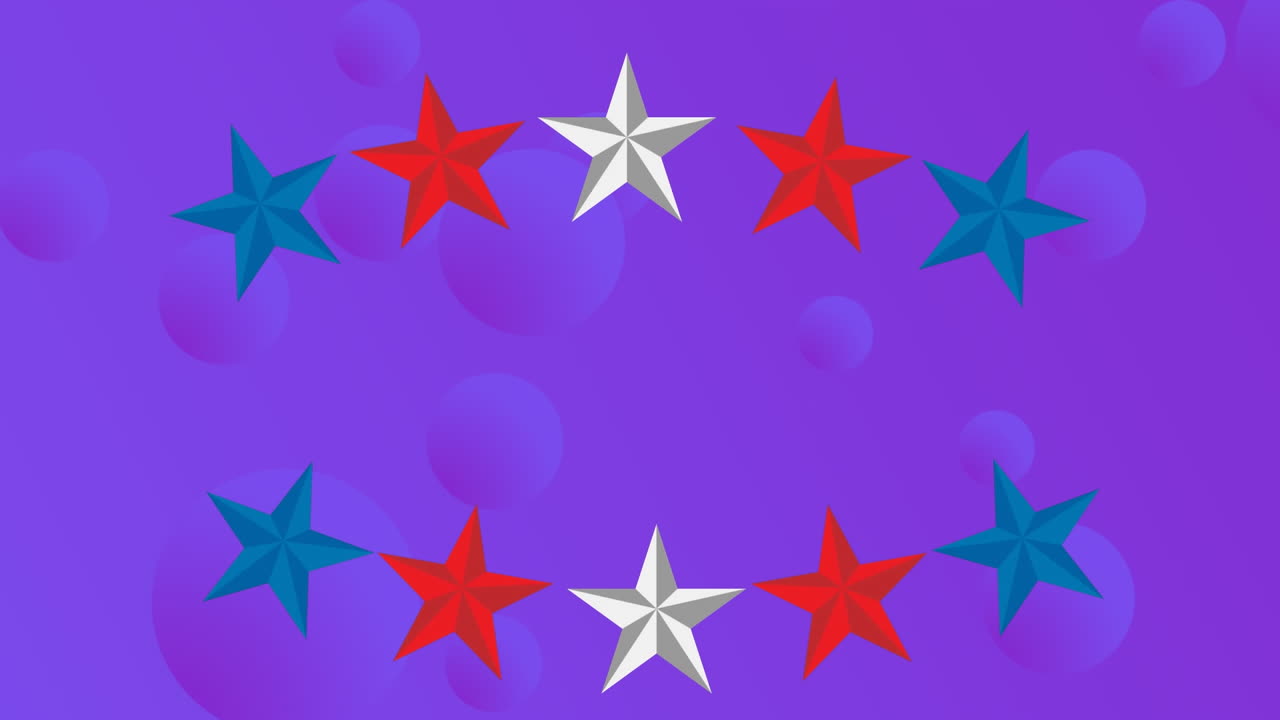 animación de estrellas en los colores de la bandera estadounidense moviéndose sobre esferas púrpuras y puntos blancos