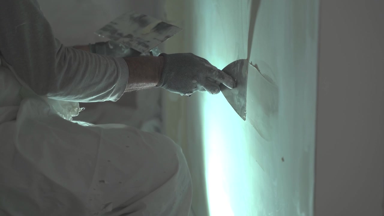 A closeup shot of a builder manually applying plaster on the wall with a spackle knife.