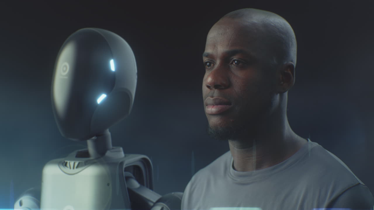 Man Standing Next to Sleek Humanoid AI Robot (Stock Footage)