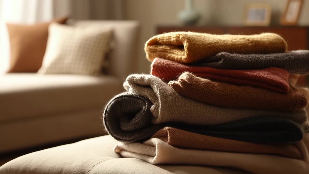 Pila di maglioni di maglia piegati appoggiata su un pouf in un luminoso soggiorno, con texture a strati, bordi arrotolati, ombre morbide e un arredamento caldo e neutro che crea una scena interna calma e accogliente con una delicata rivelazione.