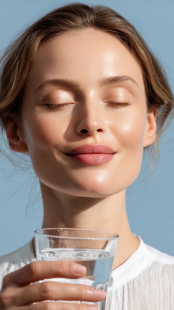 Bellezza accattivante nella luce naturale: una donna radiosa che si gode dell'acqua fresca con un'espressione serena, che mette in risalto l'idratazione e il benessere