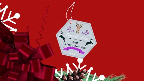 animación del texto navideño sobre las decoraciones navideñas sobre fondo rojo