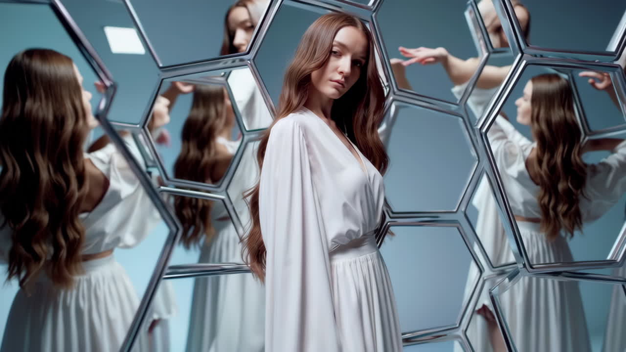 Elegant Woman with Long Hair Reflected in Hexagonal Mirrors