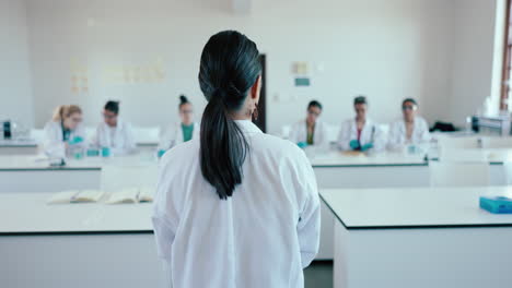 classroom, professor and students with science