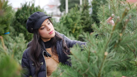 una mujer hispana comprando un árbol de navidad de temporada en un lote con muchas especies de árboles festivos