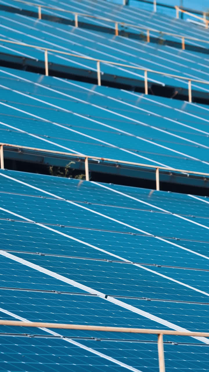 Solar panels stand in a row in the fields of green energy landscapes. Alternative sunlight energy technology. Vertical video
