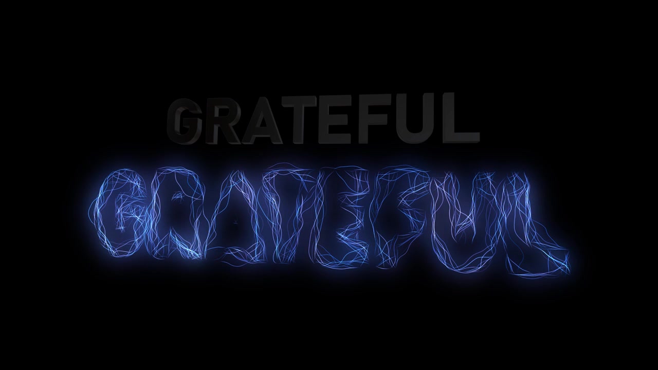 3D render of grateful text with electric glowing light lines on dark background creating energy animation designed for typography visuals, motion graphics and video overlays