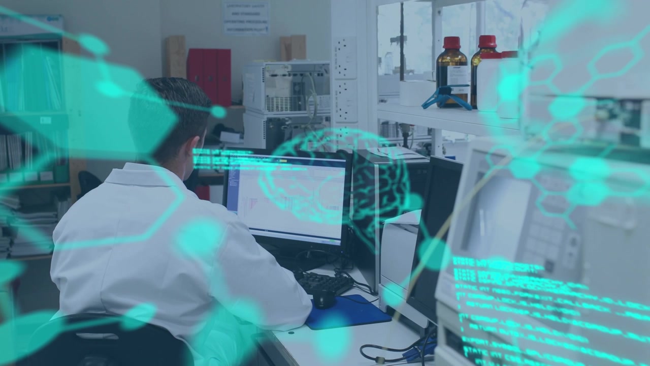 Animation of science data processing over caucasian male doctor