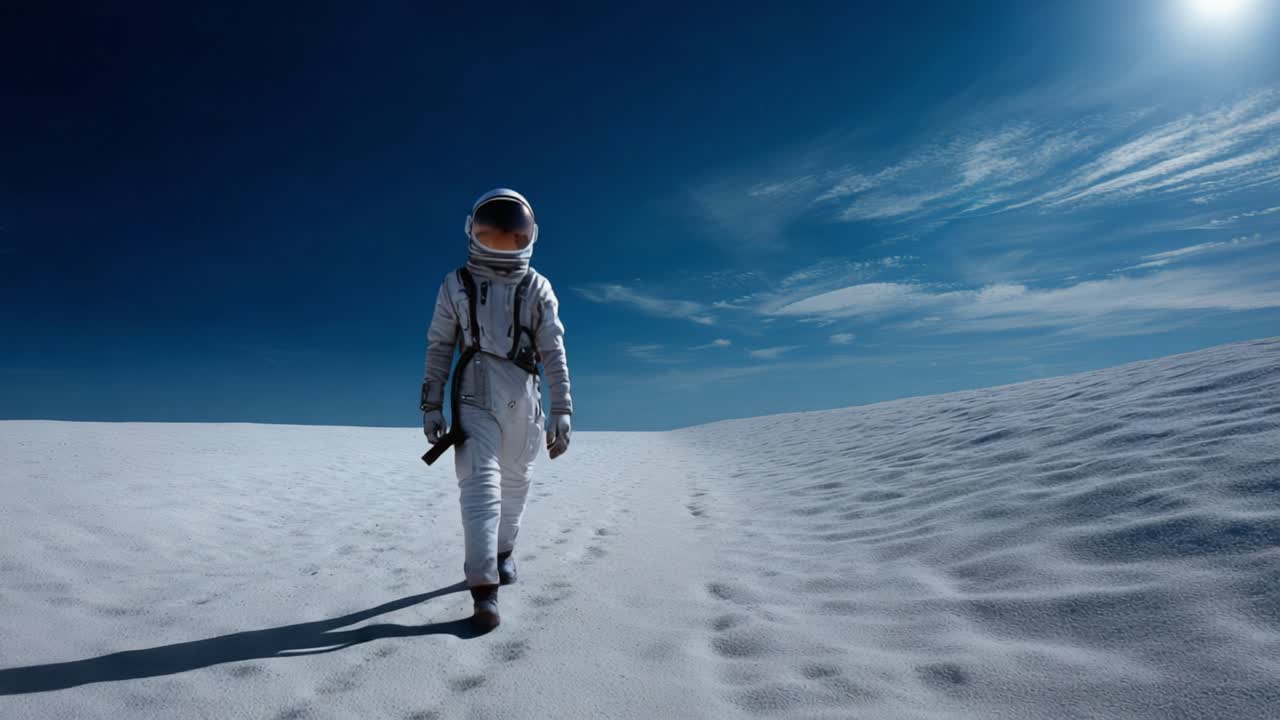 Astronauta idący przez surrealistyczny, rozległy krajobraz białego piasku pod ogromnym błękitnym niebem, ucieleśniający ducha eksploracji i nieznanego w kosmosie