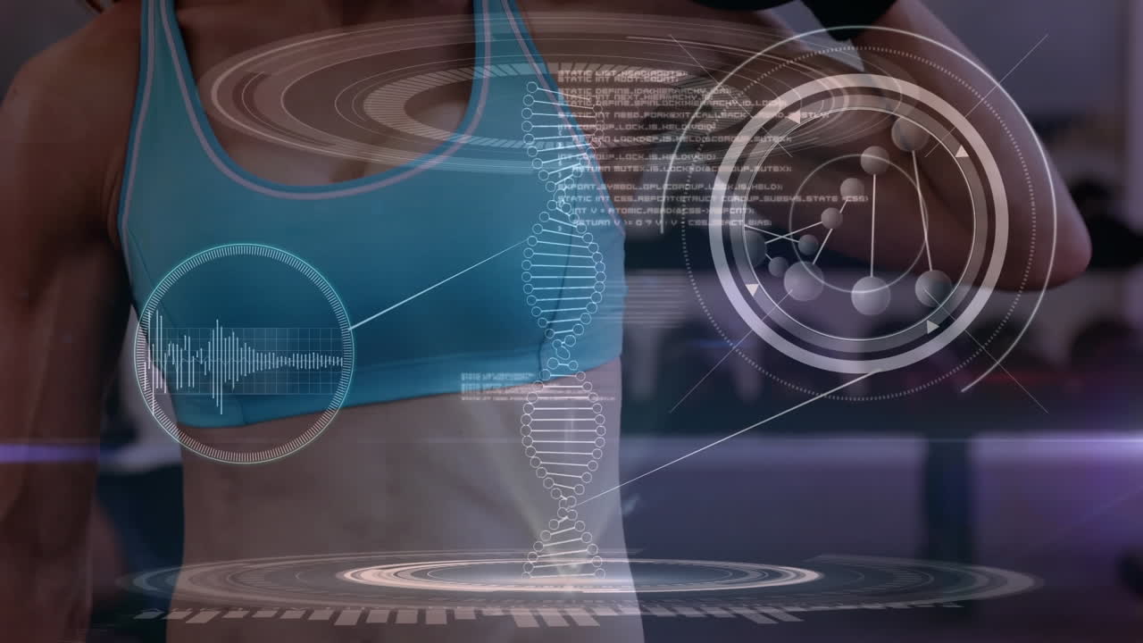 dna 가닥 스피닝과 데이터 처리의 애니메이션 강한 여성 운동