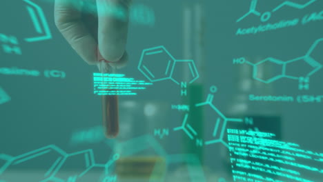 animación de fórmulas químicas y datos a mano del trabajador de laboratorio con la muestra