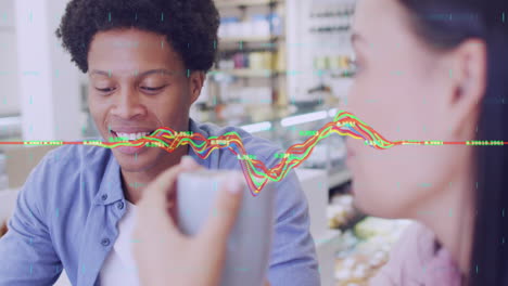 animación del procesamiento de datos financieros durante una pareja bebiendo café en la tienda