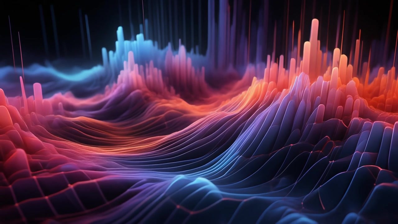 Visualizzazione astratta di dati digitali con onde e barre luminose