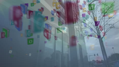 animación de múltiples iconos digitales flotando contra vista de ángulo bajo de un edificio alto