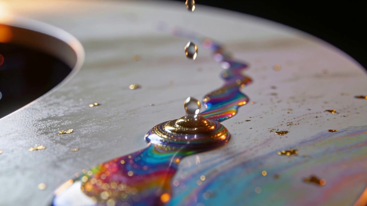 Filamento gocciolante eroga liquido metallico, formando anelli impilati su disco pallido, con scaglie d'oro