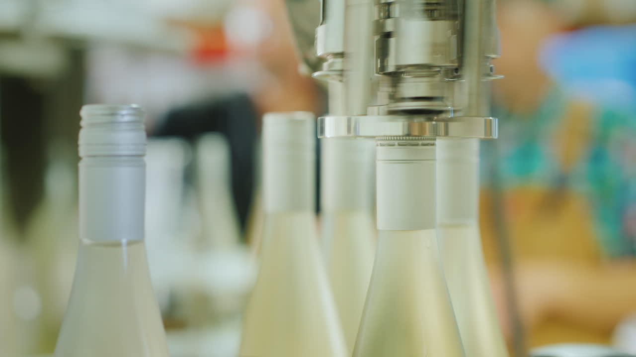 botellas de vino que se mueven a lo largo del transportador hasta el automóvil donde se lavan con agua