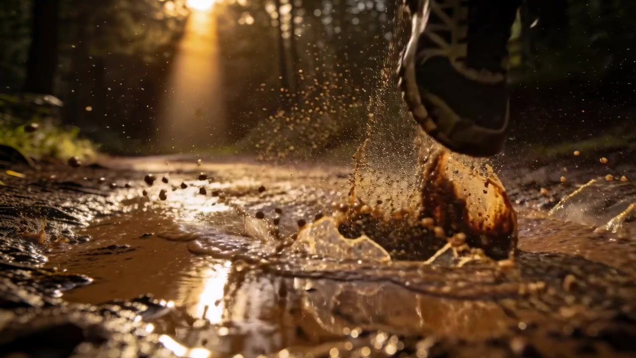 Splashing runner's lower leg and shoe striking muddy puddle on sunlit forest trail, running forward