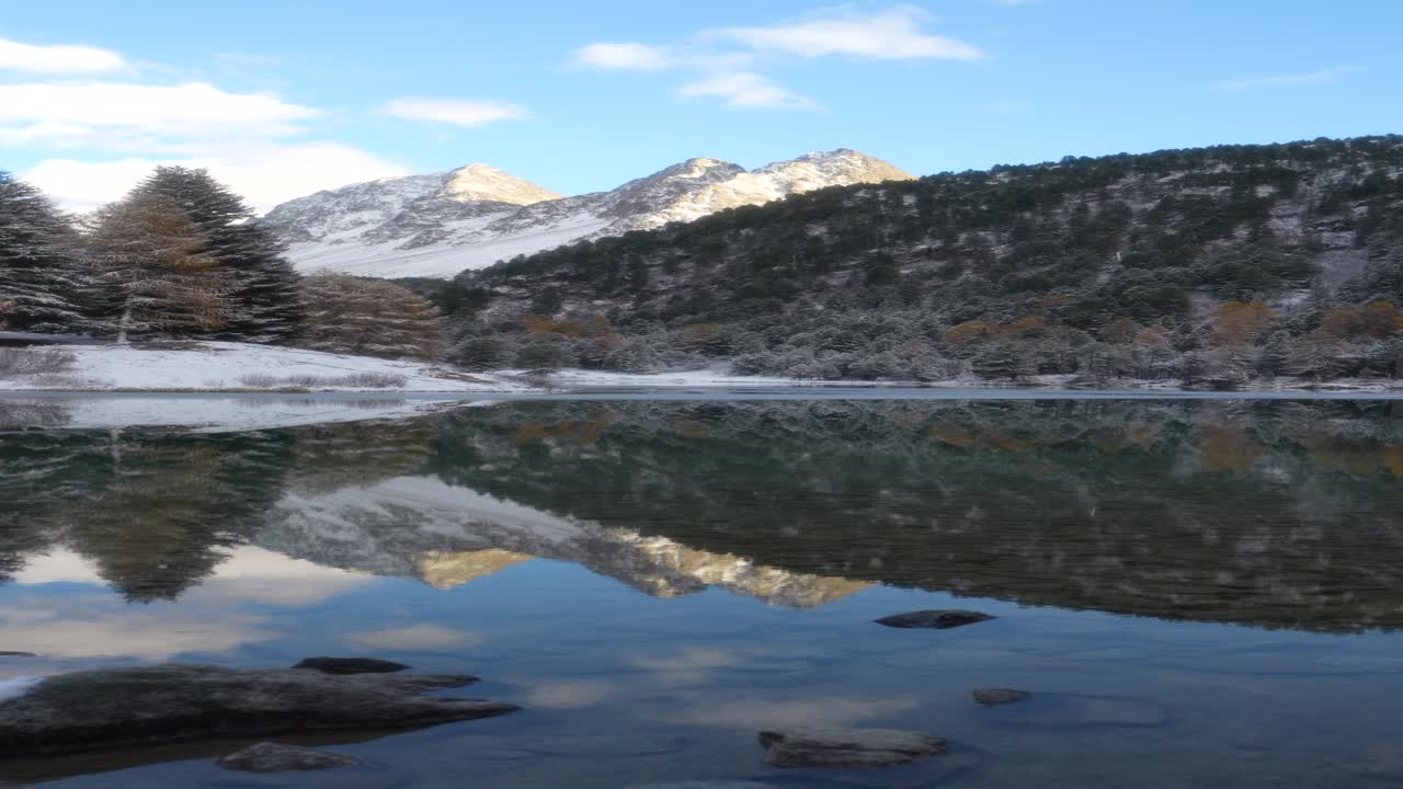 Snow-dusted trees and mountains mirrored in a calm alpine lake, capturing winter's purity in Engadin. Switzerland