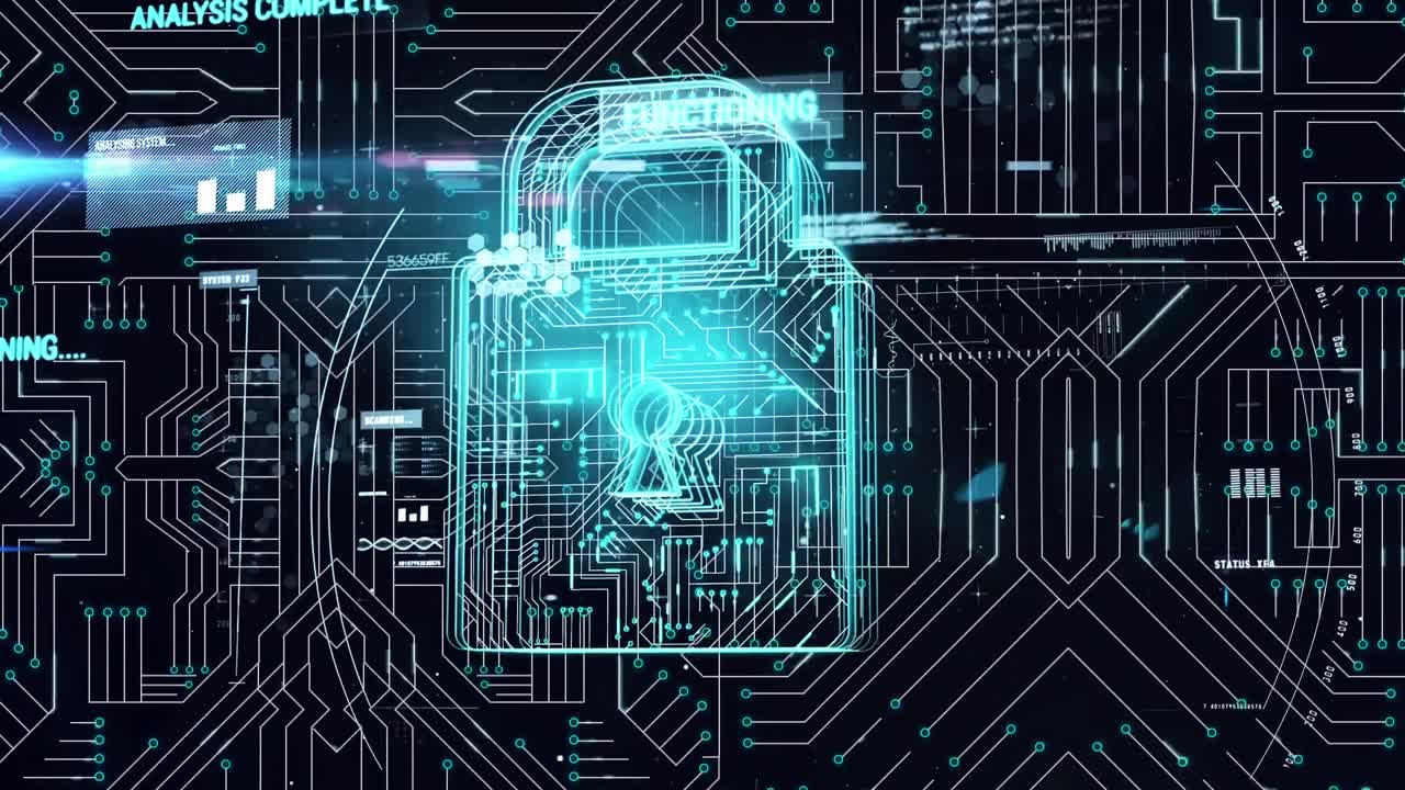 Animation of online security padlock with data processing on computer circuit board