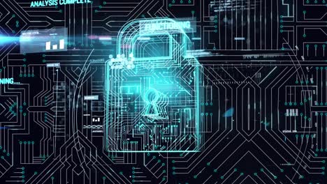 animación de un candado de seguridad en línea con procesamiento de datos en una placa de circuitos informáticos