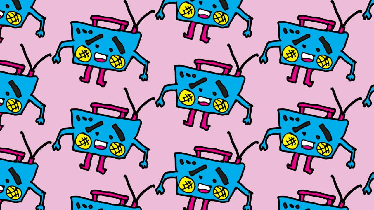 아이들이 라디오 테마로 팝 아트를 그림 그리는 원활한 배경