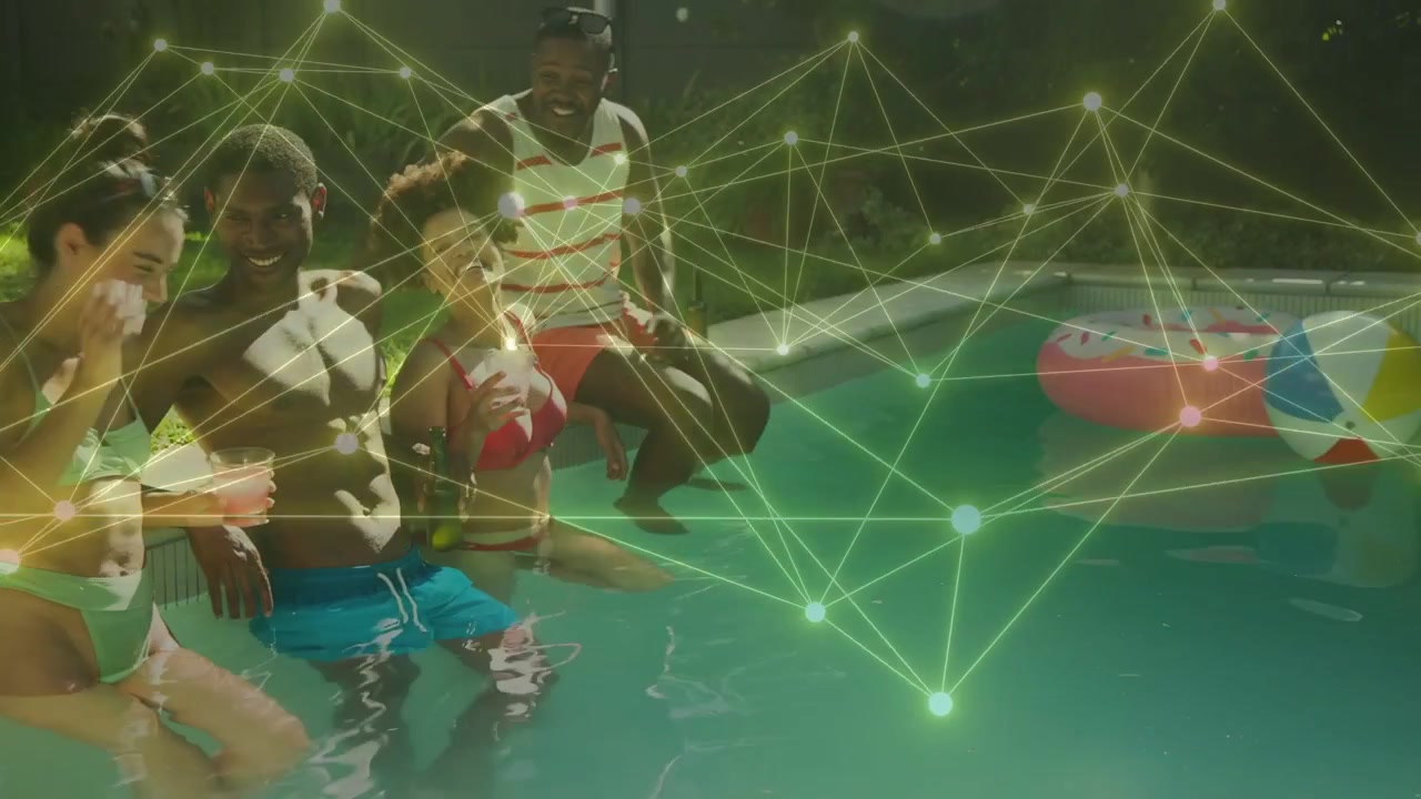4 friends sitting poolside, chat starting, raising drink, overlay linking to gestures for lifestyle
