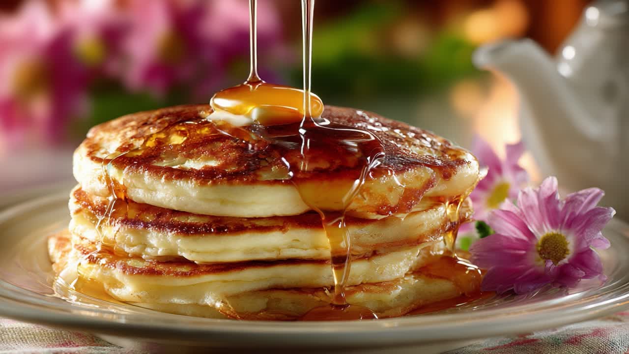 Delicious Stack of Fluffy Pancakes Topped with Butter and Maple Syrup Surrounded by Vibrant Flowers on a Cozy Table Setting