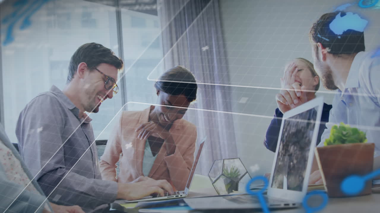Animation of data processing over diverse business people in office ...