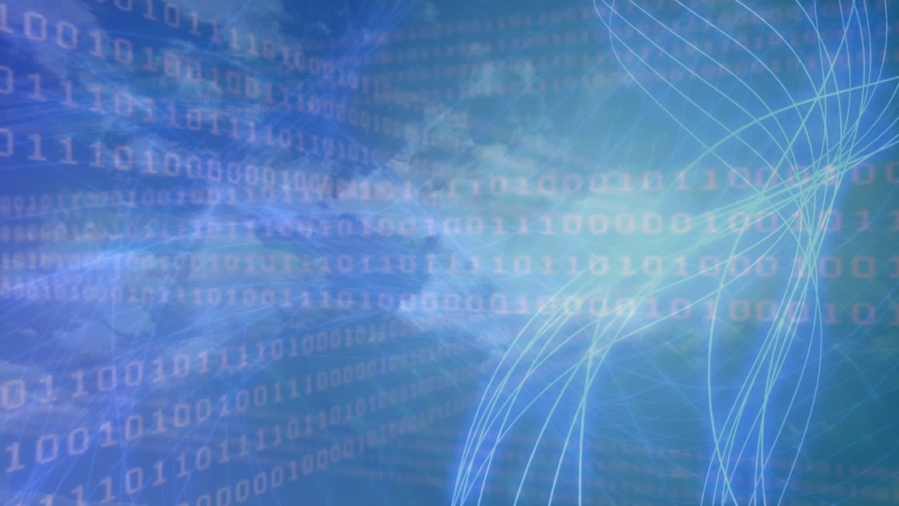 animación del procesamiento de datos y rastros de luz sobre el cielo con nubes
