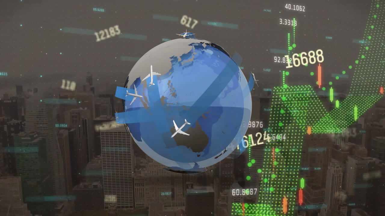 animación del procesamiento de datos financieros en todo el mundo con aviones
