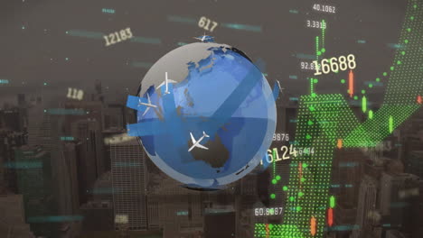 Animation-of-financial-data-processing-over-globe-with-airplanes