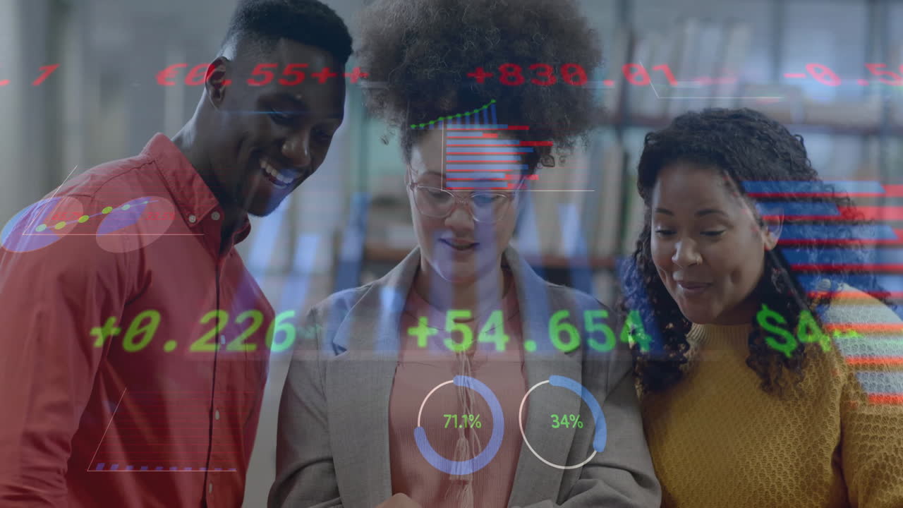 Animation of financial data processing over diverse business people in office