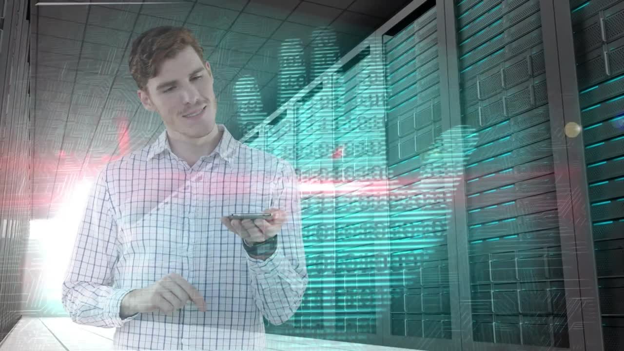 animación del procesamiento de datos con huella de mano sobre hombres de negocios y servidores de computadora