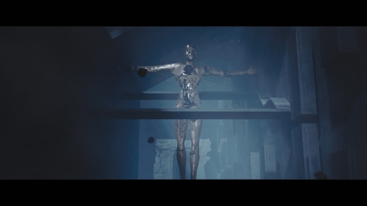 Broken Robot Sculpture in a Dark Interior