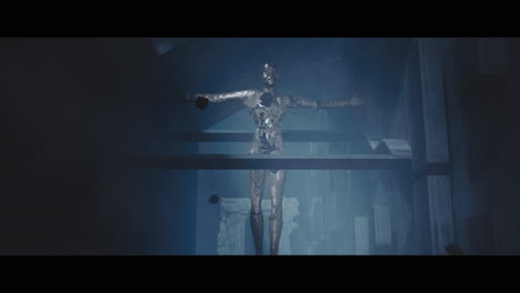 broken robot sculpture in a dark interior