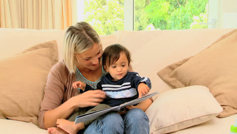 mother and baby looking at picture book